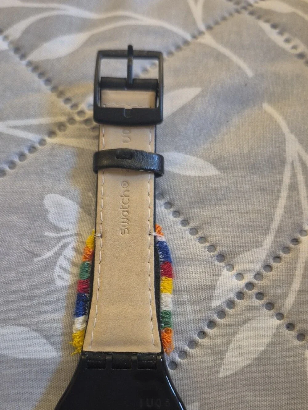 Swatch Black Watch with Multicolor Floral Embroidered Strap